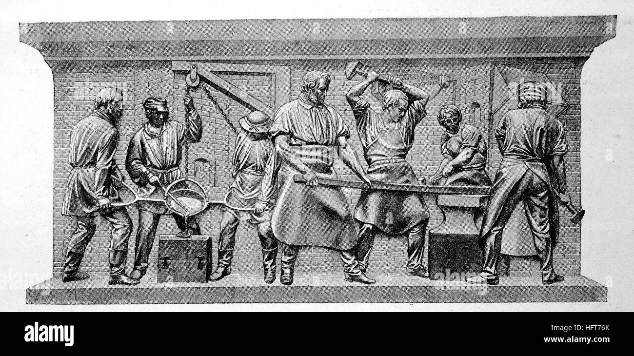Gießen und Schmieden von Eisen, eine Erleichterung von Friedrich Drake am Denkmal für Beuths von Kiss, Berlin, Handwerk, Arbeit, Handwerker, Holzschnitt aus dem Jahr 1885, verbesserte digital Stockfoto