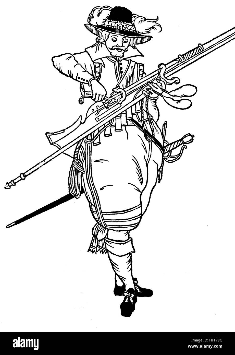 Musketier im 30-jährigen Krieg, marschierte mit den Forcket in seiner Hand, Deutschland, Holzschnitt aus dem Jahr 1885, digital verbessert Stockfoto