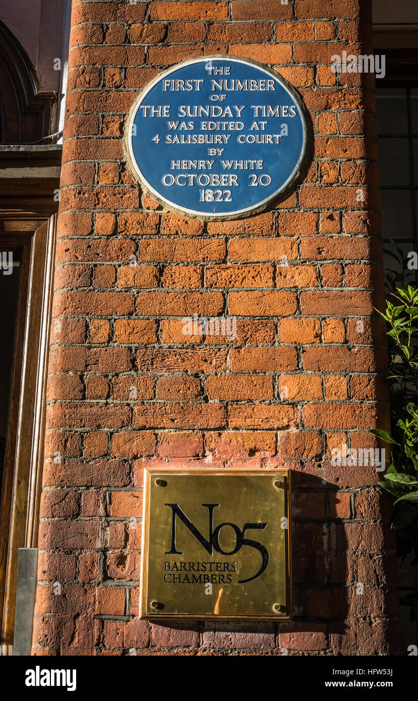 4 Salisbury Gericht wo die erste Zahl der Sunday Times 20. Oktober 1822 von Henry White, herausgegeben wurde. Stockfoto