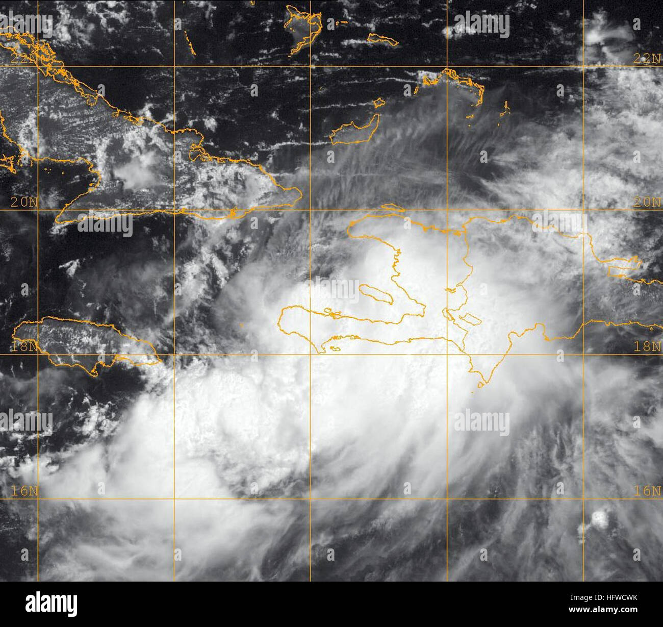 080827-N-0000W-001 Karibik (27. August 2008) A GOES-12 Infrarot-Satellitenbild von US Naval Research Laboratory, Monterey, Kalifornien, mit dem Status der Tropensturm Gustav um ca. 7 Uhr EST, dass Gustav ist ein tropischer Sturm auf der Saffir-Simpson Hurrikan-Skala, mit maximalen Windgeschwindigkeiten in der Nähe von 60 km/h und höheren Böen zur Verfügung gestellt. Der Sturm ist derzeit in der Karibik Meer mit seiner Spur dabei über der westlichen Spitze von Kuba in den Golf von Mexiko und macht Landfall irgendwo auf der US-Golfküste bis zum Montag Morgen. U.S. Navy photo (freigegeben) US Navy 080827-N-0000W-001 A Stockfoto