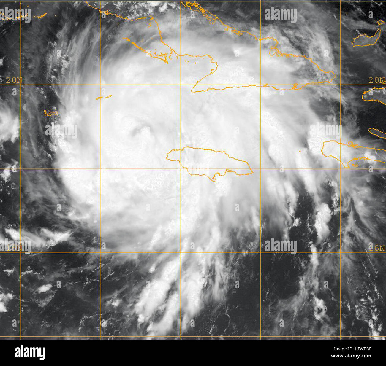 080829-N-0000W-001 Karibik (29. August 2008) A GOES-12 Infrarot-Satellitenbild von US Naval Research Laboratory, Monterey, Kalifornien, mit dem Status der Tropensturm Gustav um ca. 11 Uhr EST, dass Gustav ist ein tropischer Sturm auf der Saffir-Simpson Hurrikan-Skala, mit maximalen Windgeschwindigkeiten in der Nähe von 65 km/h und höheren Böen zur Verfügung gestellt. Der Sturm ist derzeit in der Karibik Meer. Der Sturm bewegt sich mit seiner Spur dabei über der westlichen Spitze von Kuba in den Golf von Mexiko und macht Landfall irgendwo auf der US-Golfküste bis zum Montag Morgen Norden von Nordwesten bei 8 km/h. US-N Stockfoto