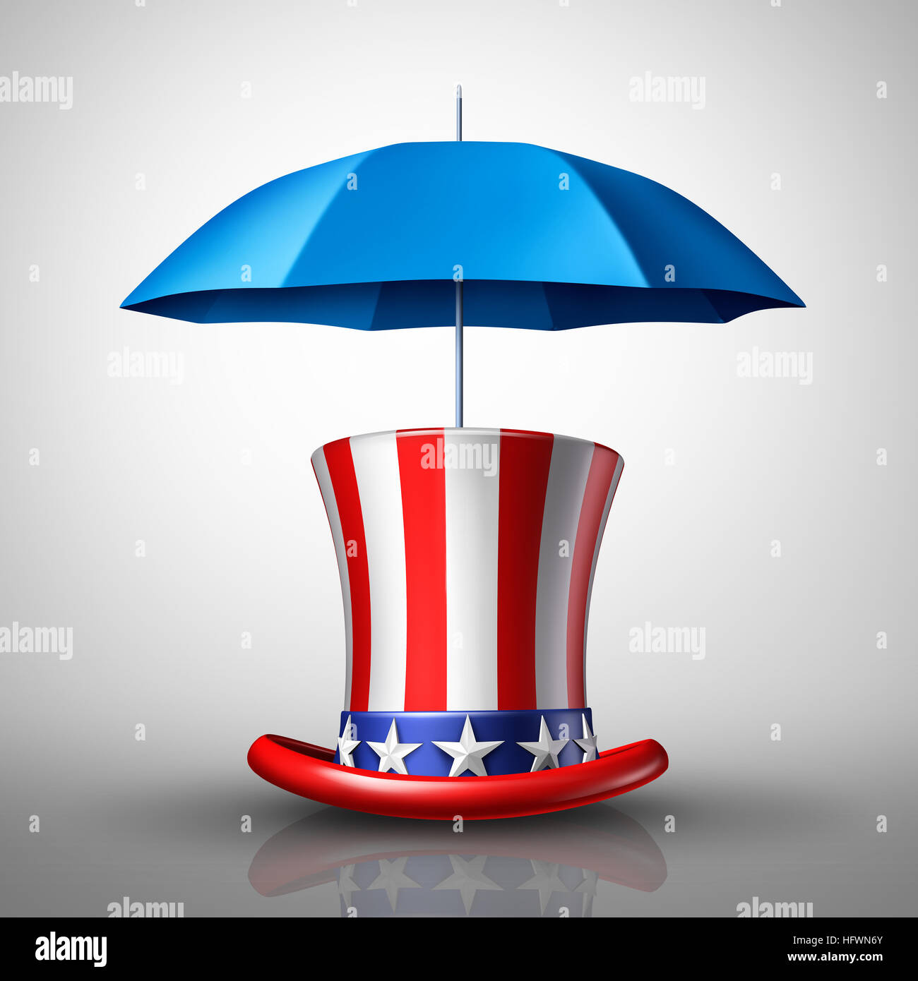 Amerikanische Sicherheitskonzept oder Schutzsymbol der Vereinigten Staaten als einen Hut mit einer Fahne und Sonnenschirm als Metapher für die Landesverteidigung oder die soziale Sicherheit und Stockfoto
