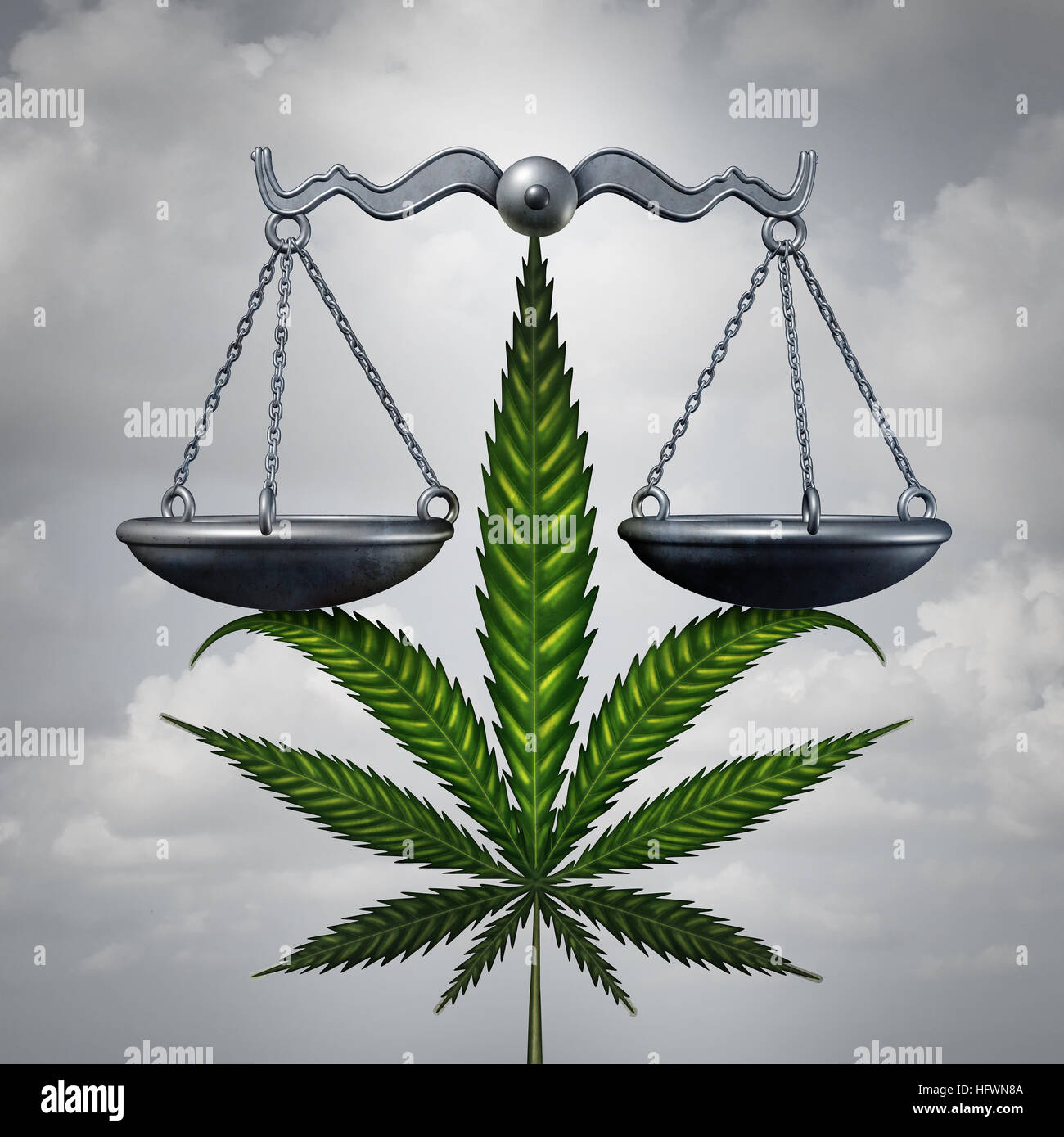 Marihuana-Gesetz-Konzept als ein Cannabisblatt hochhalten einer Justiz-Skala als Heil- oder entspannende Drogen Legalisierung Sozialausgabe Symbol mit 3D illus Stockfoto