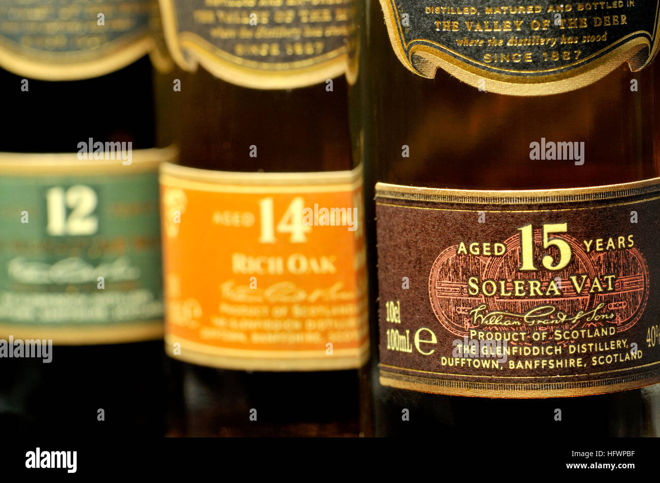 Whisky-Flaschen - (Glenfiddich) 12, 14 und 15 Jahre alt Stockfoto