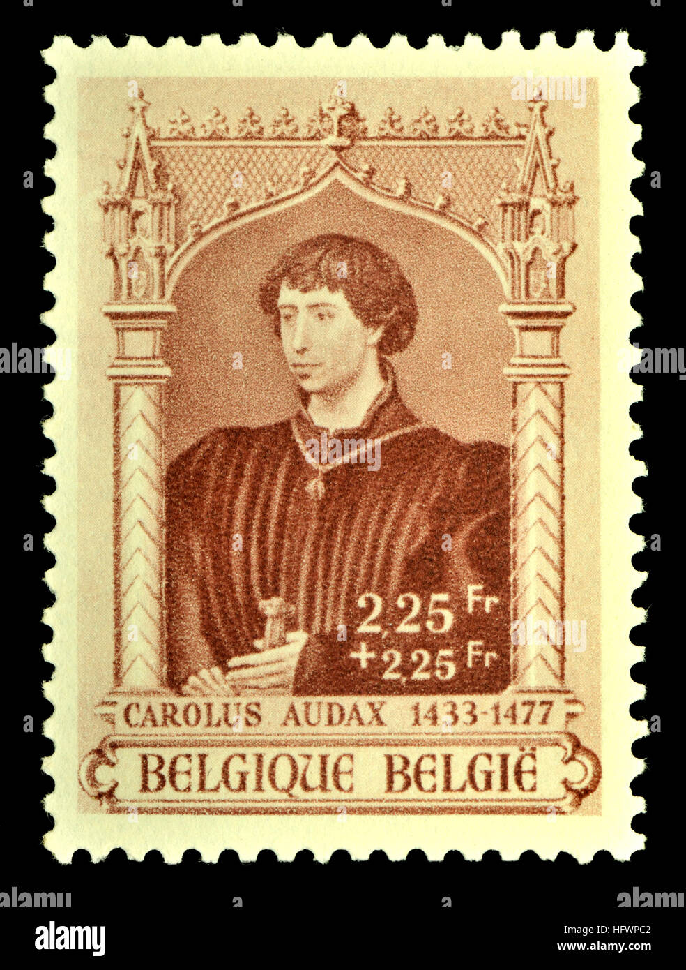 Belgische Briefmarke (1941): Karl der kühne / Charles le Téméraire / Karel de Stoute (1433-1477) letzten Herzog von Burgund aus dem Haus Valois - Stockfoto