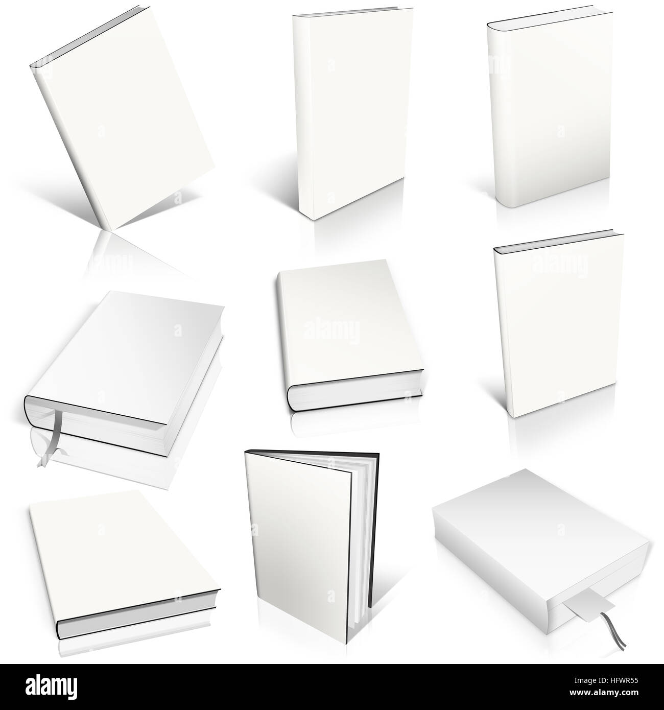 Neun weißen leeres Buch Vorlage auf weißem Hintergrund. Stockfoto