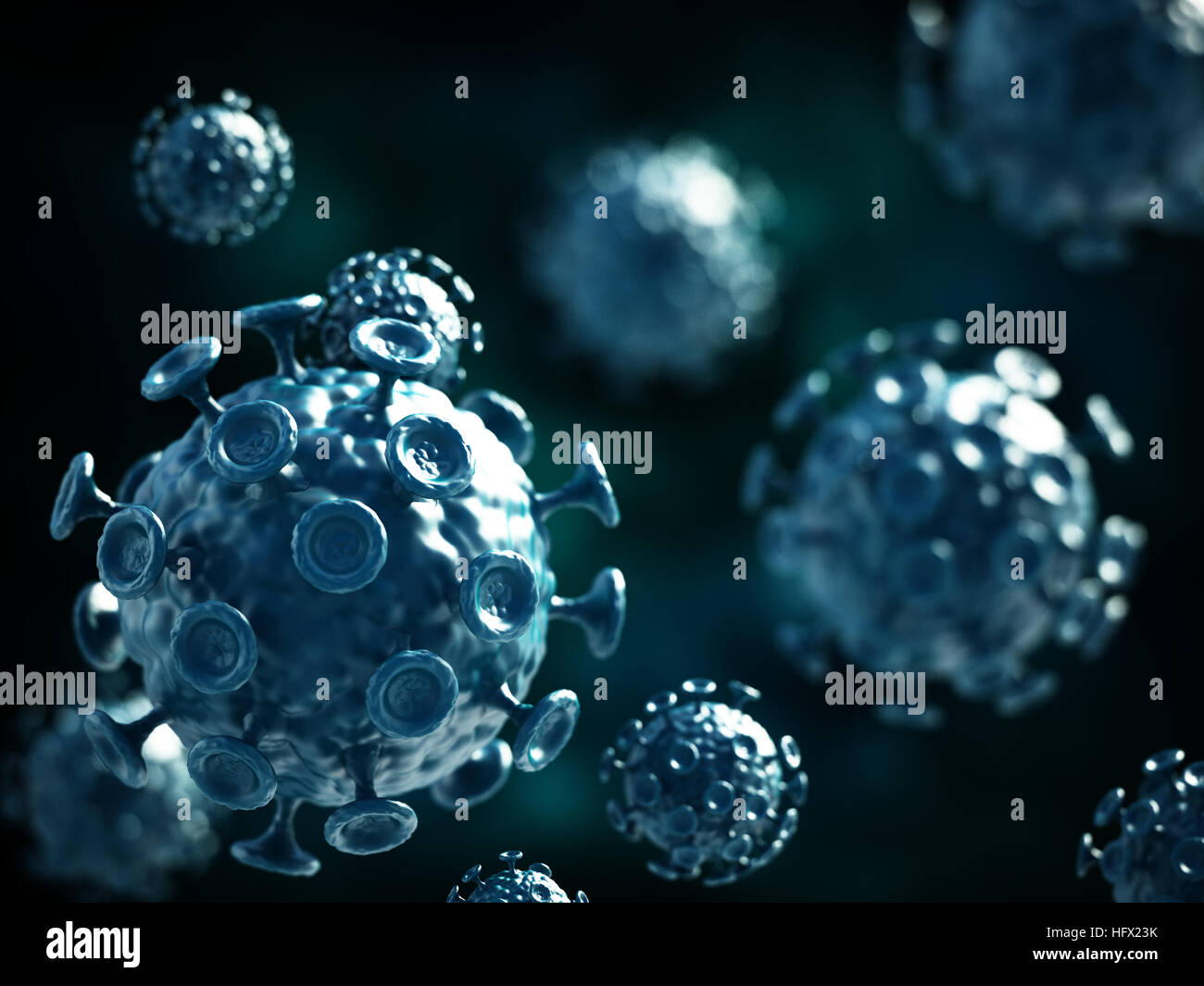 Grüne Viren auf dunklem Hintergrund. 3D Illustration. Stockfoto