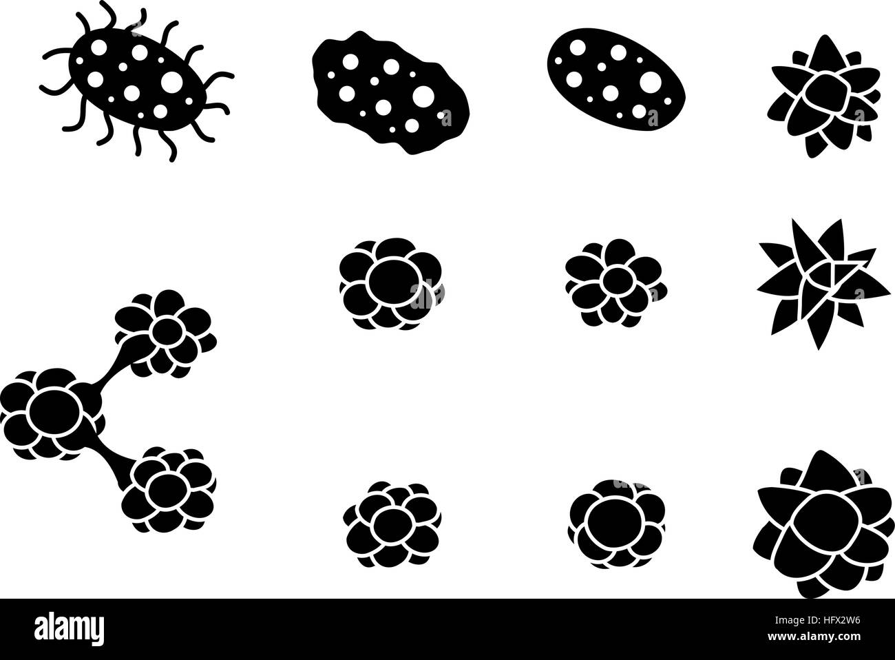 Eine Gruppe von Viren und Krebs Zelle Symbole in der Silhouette, Vektor Stock Vektor