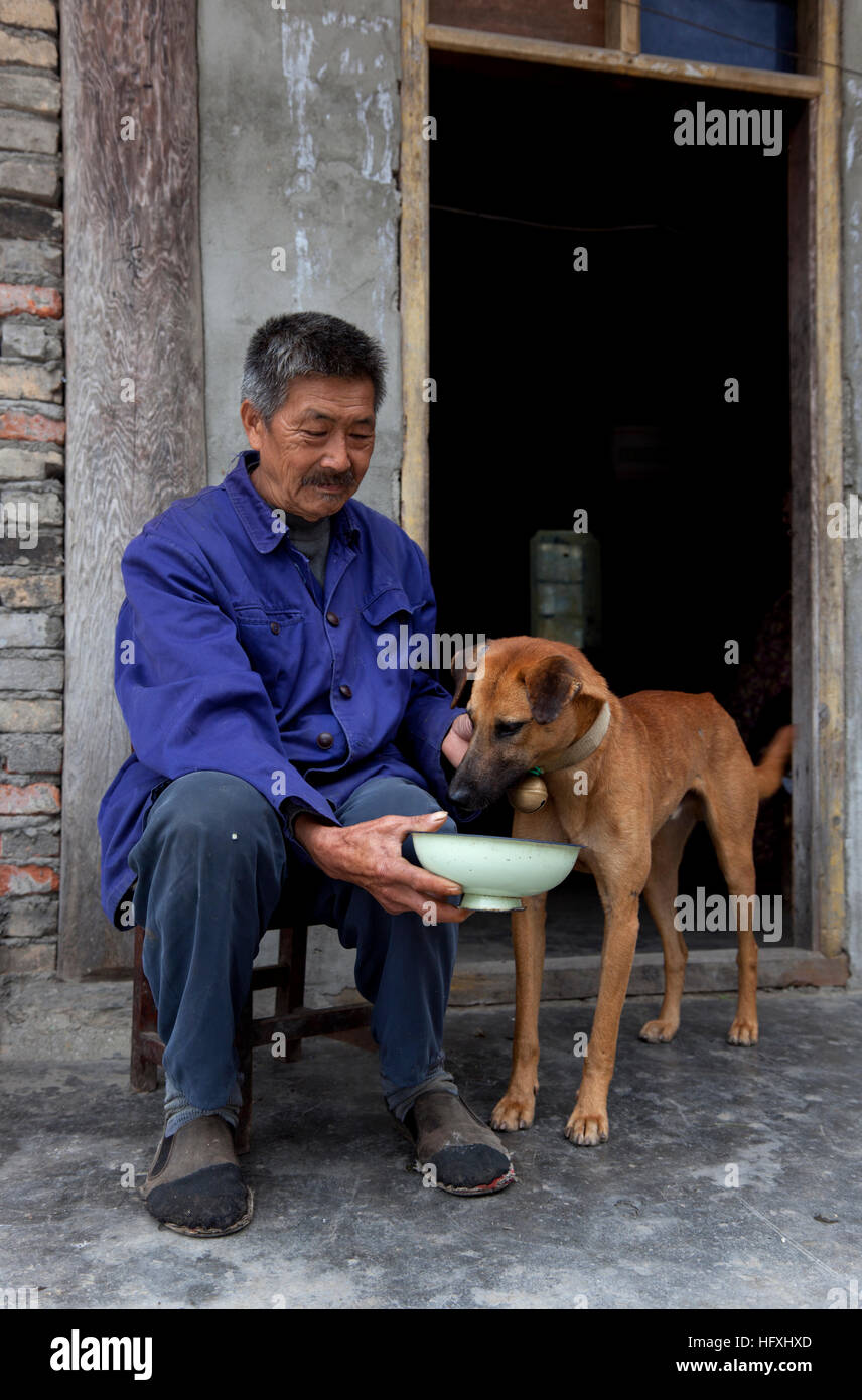 Ein Alter Mann Fütterung seinen Jagdhund im Hof des ihrem Bauernhaus in einem kleinen Bauerndorf in Gansu in China. Stockfoto