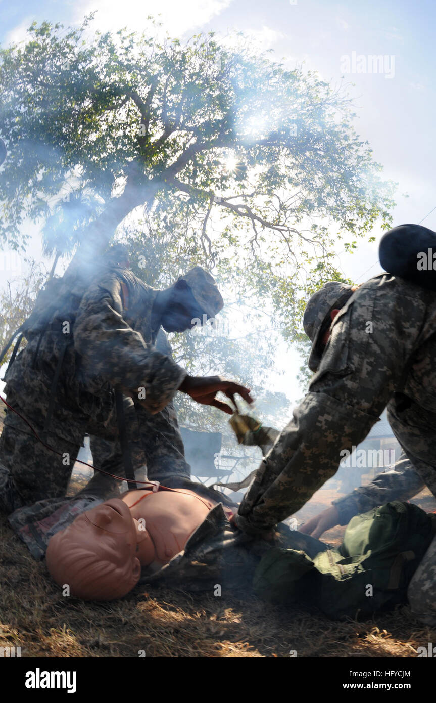 Armee Sgt. Edward Jones, combat Medic bereitgestellt, Joint Task Force Guantanamo mit 525th Military Police Battalion, wertet einen simulierten Unfall und führt erste Hilfe während Krieger aufgabenbezogene Ausbildung, Aug. 25. Die 525th MP-Bataillon stellt einen Teil der Wache Kraft in JTF Guantanamo. JTF Guantanamo bietet sichere, humane, legale, transparente Pflege und Obhut der Gefangenen, einschließlich der Militärkommission und die verurteilten freigegeben von einem Gericht angeordnete. Die JTF führt Intelligenzansammlung, Analyse und Verbreitung für den Schutz von Insassen und Personal im J Stockfoto