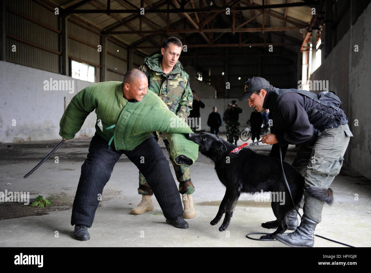 101117-N-8546L-899 MONTEVIDEO, Uruguay (17. November 2010) US Navy Chief Master-at-Arms Nick Estrada, zweite von links, ein militärischer Arbeitshund Handler aus Orange, Calif., Züge ein uruguayischer Militär Gebrauchshund Handler während einer dreiwöchigen Schulung koordiniert durch die Maritime zivile Angelegenheiten und Sicherheit Training Command (MCAST). MCAST liefert Teams von hochqualifizierten US Navy Matrosen an Fachwissen teilhaben Partnernationen, internationale Beziehungen zu stärken. (Foto: U.S. Navy Mass Communication Specialist 1. Klasse Peter D. Lawlor/freigegeben) US Navy 101117-N-8546L-899 US Marine C Stockfoto