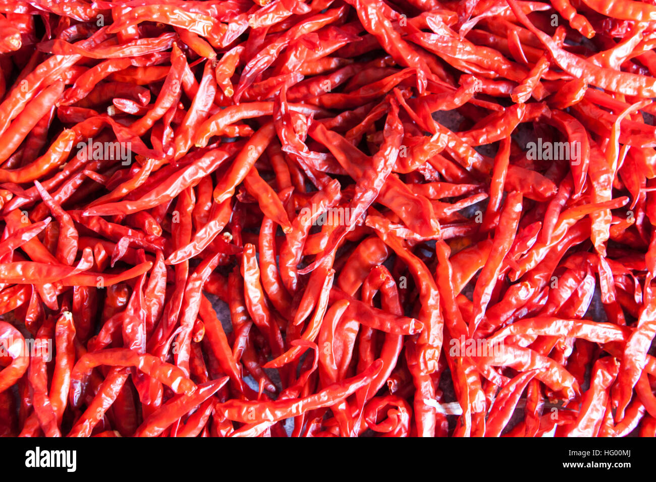 Getrocknete rote Chili-Pfeffer-Gewürz mit der Sonne. Das Essen lange haltbar. Stockfoto