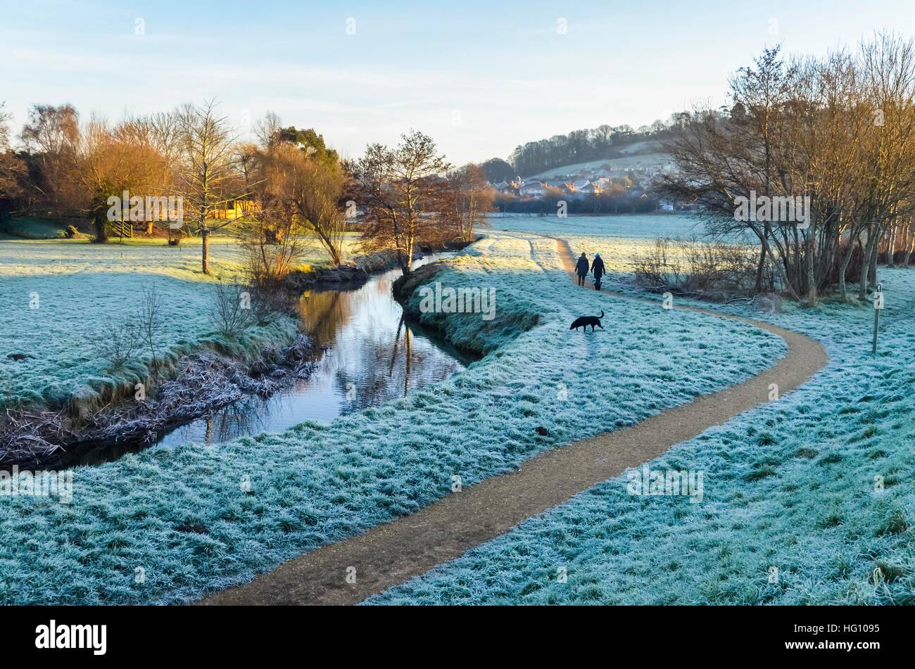 Bridport, Dorset, UK. 3. Januar 2017. Großbritannien Wetter. Hund Spaziergänger Flanieren auf einem Wanderweg an einem kalten frostigen Morgen bei Zeitverzögerungen Wiese am Bridport in Dorset. Die Temperaturen waren über Nacht bis-3 c verlassen die Landschaft in Raureif überzogen. Bild © Graham Hunt/Alamy Live-Nachrichten Stockfoto