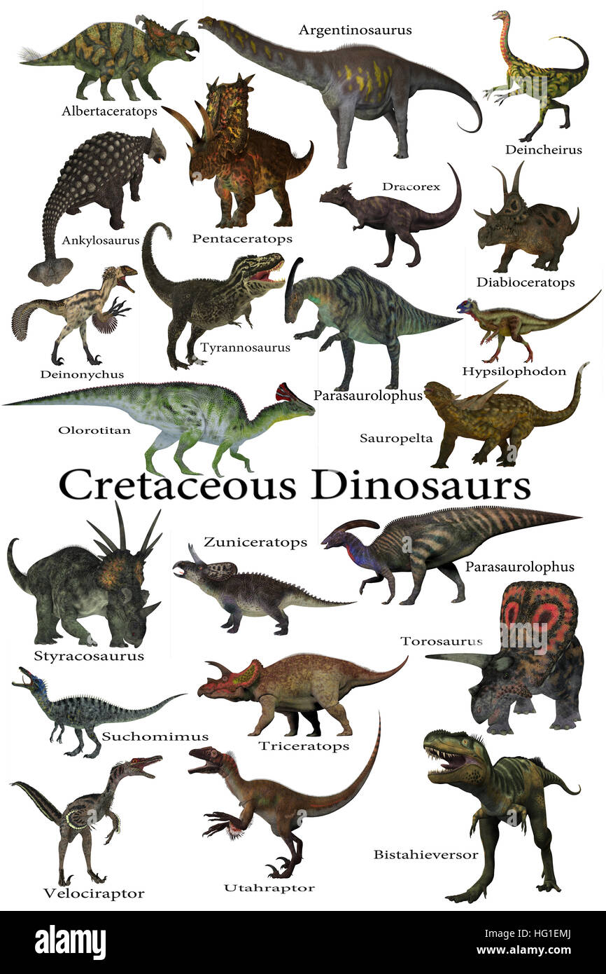 Kreidezeit Dinosaurier - eine Sammlung von verschiedenen Dinosaurier, die rund um die Welt während der Kreidezeit lebten. Stockfoto