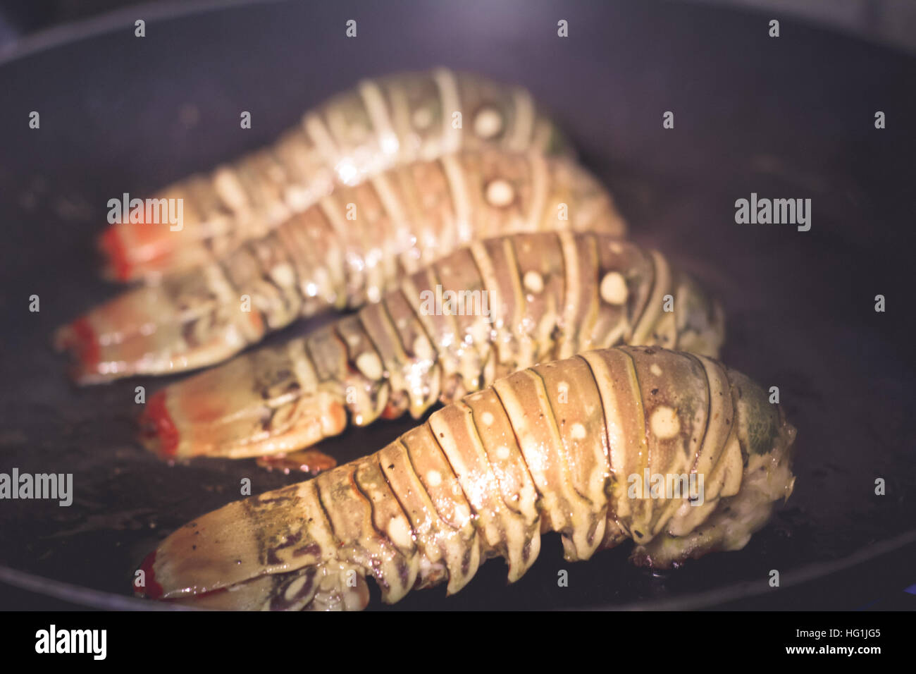 Foto von vier Hummerschwänze essfertig Stockfoto