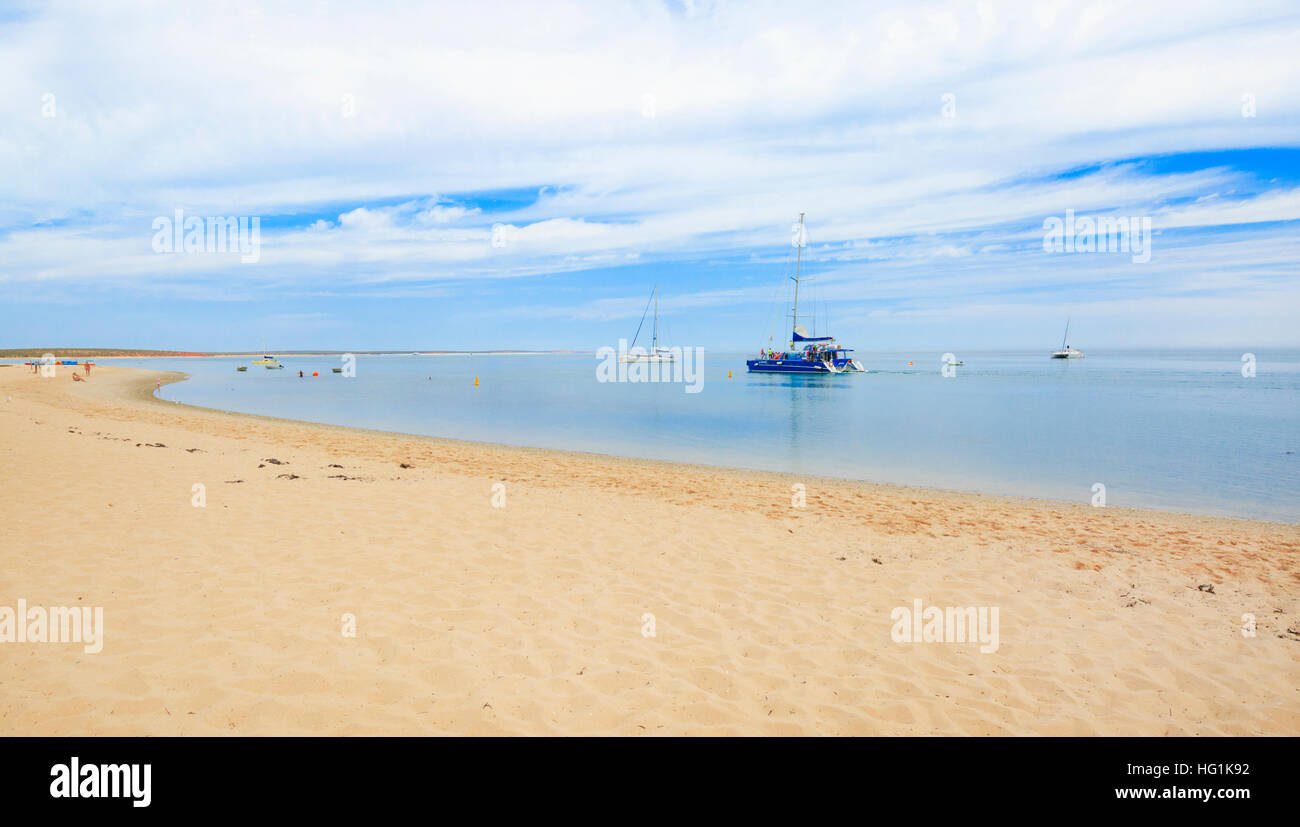 Boote vertäut abseits den Strand von Monkey Mia. Shark Bay, Westaustralien Stockfoto