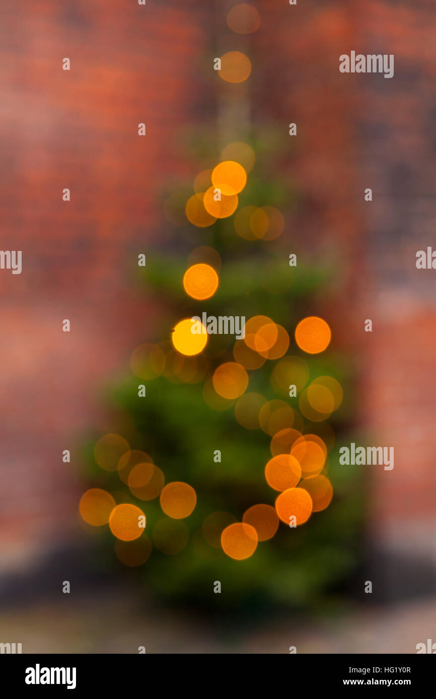 Bild des Outdoor-Weihnachtsbaum mit Lichtern. Unscharfen Hintergrund. Stockfoto