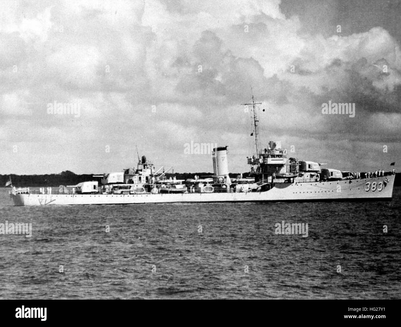 USS Warrington (DD-383) fotografiert im Hafen während der Durchführung Escort Pflicht für Präsident Franklin D. Roosevelt Kreuzfahrt in USS Houston (CA-30), 18 Februar bis 3. März 1939.  US Marine-Geschichte und Kulturerbe Befehl Foto. USS Warrington (DD-383) im Frühjahr 1939 Stockfoto