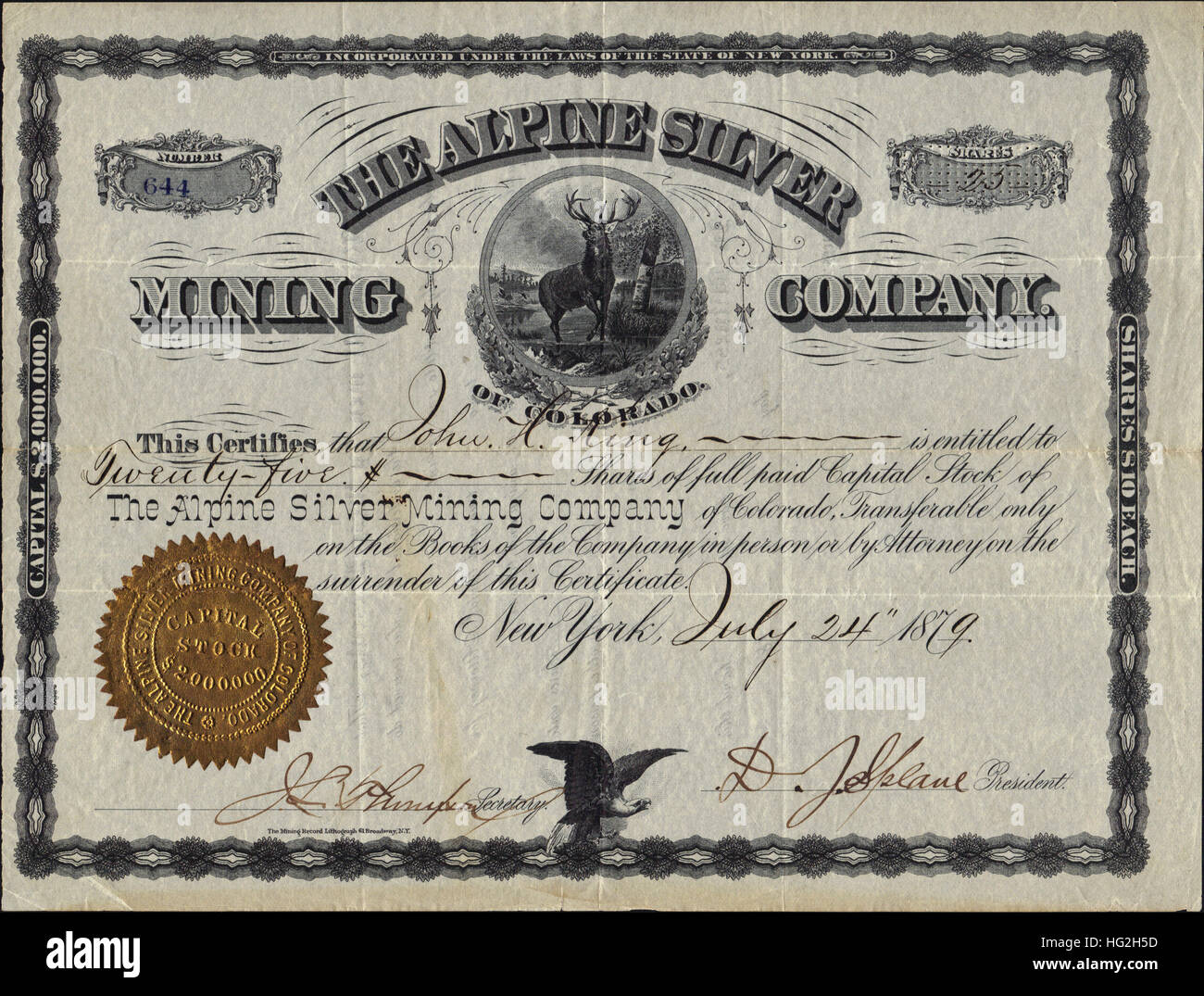 1879 Alpine Silber-Bergbau-Unternehmen Aktienzertifikat - seltene frühe Colorado Dokument - USA Stockfoto
