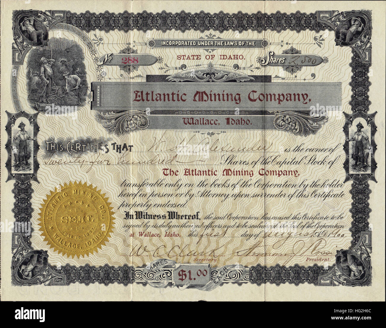 1900-Atlantik-Bergbau-Unternehmen Lager Zertifikat - Blei Silbermine - Wallace Idaho - USA Stockfoto