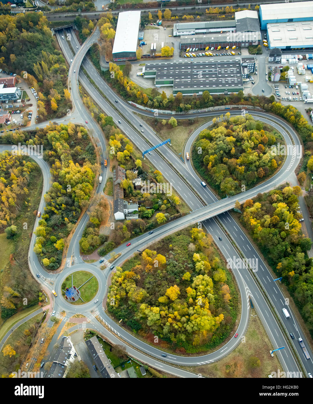 Luftaufnahme, Kreisverkehr Stahl Skulptur Halla Kohlenstraße Oviedo-Ring Stadt Autobahn, Bochum, Ruhrgebiet, Nordrhein-Westfalen, Stockfoto