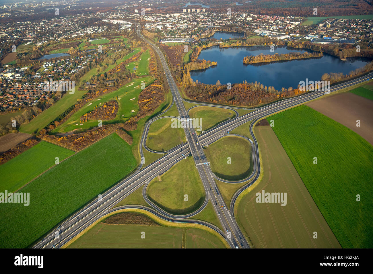 Luftaufnahme, Austausch interchange Duisburg-Süd, Highway 59 und Bundesstraße B288, Duisburg, Düsseldorf, Ruhr Aeria, Stockfoto