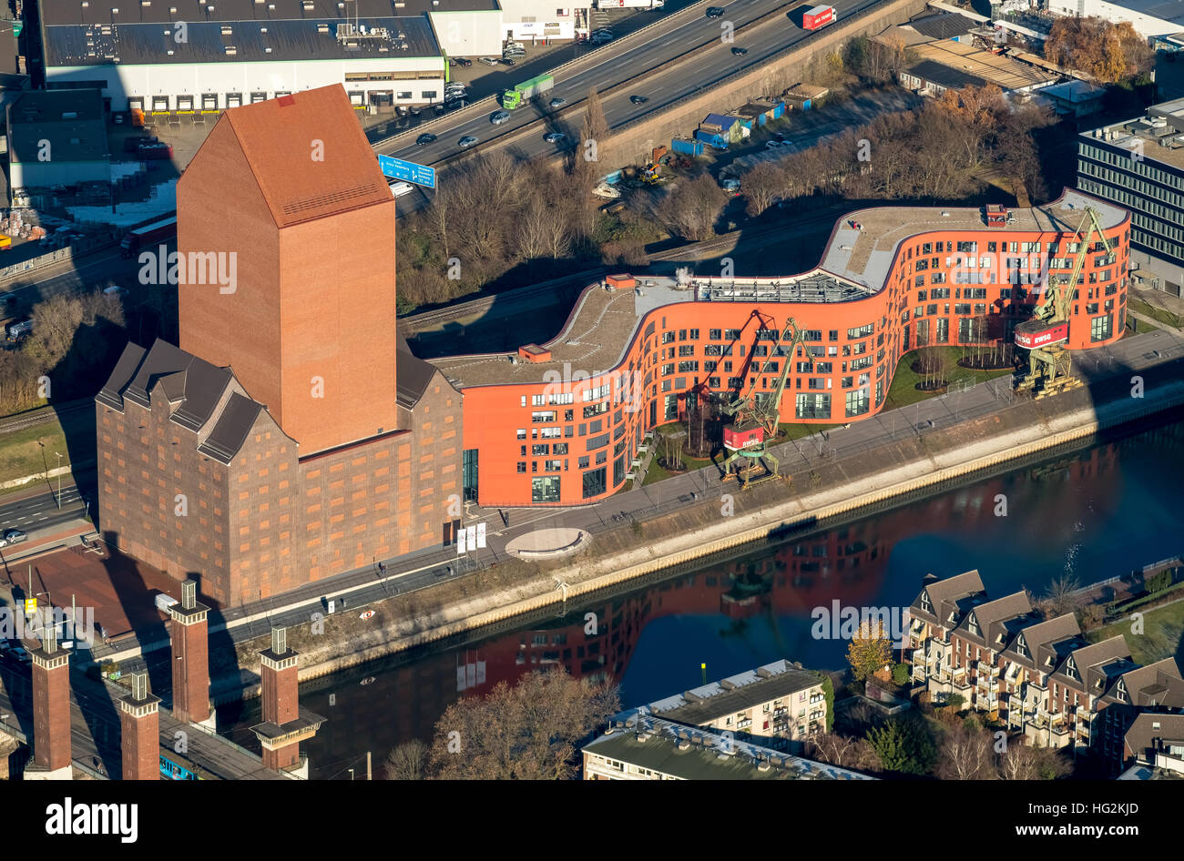 Luftaufnahme, NRW staatliche Archiv Abteilung Rheinland am Innenhafen Duisburg, Architekten Ortner & Ortner Baukunst, BLB Stockfoto