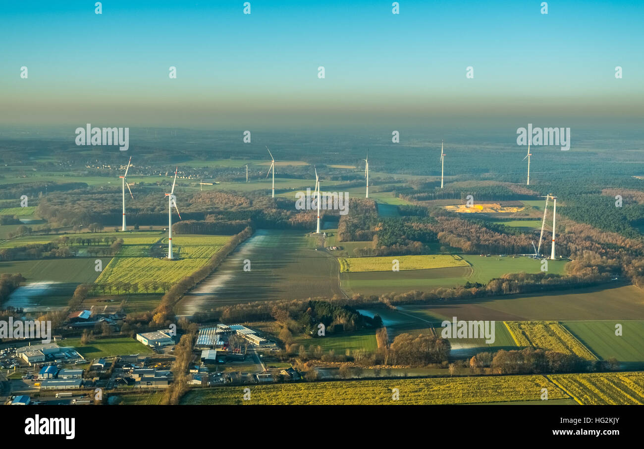 Luftbild, Windkraftanlage, Windpark Uphusen zwischen Lavesumer Straße und Münsterstraße, Bau von Windkraftanlagen, Stockfoto