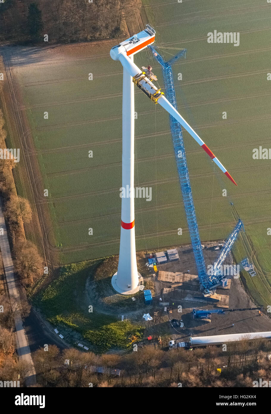 Luftbild, Windkraftanlage, Windpark Uphusen zwischen Lavesumer Straße und Münsterstraße, Bau von Windkraftanlagen, Stockfoto