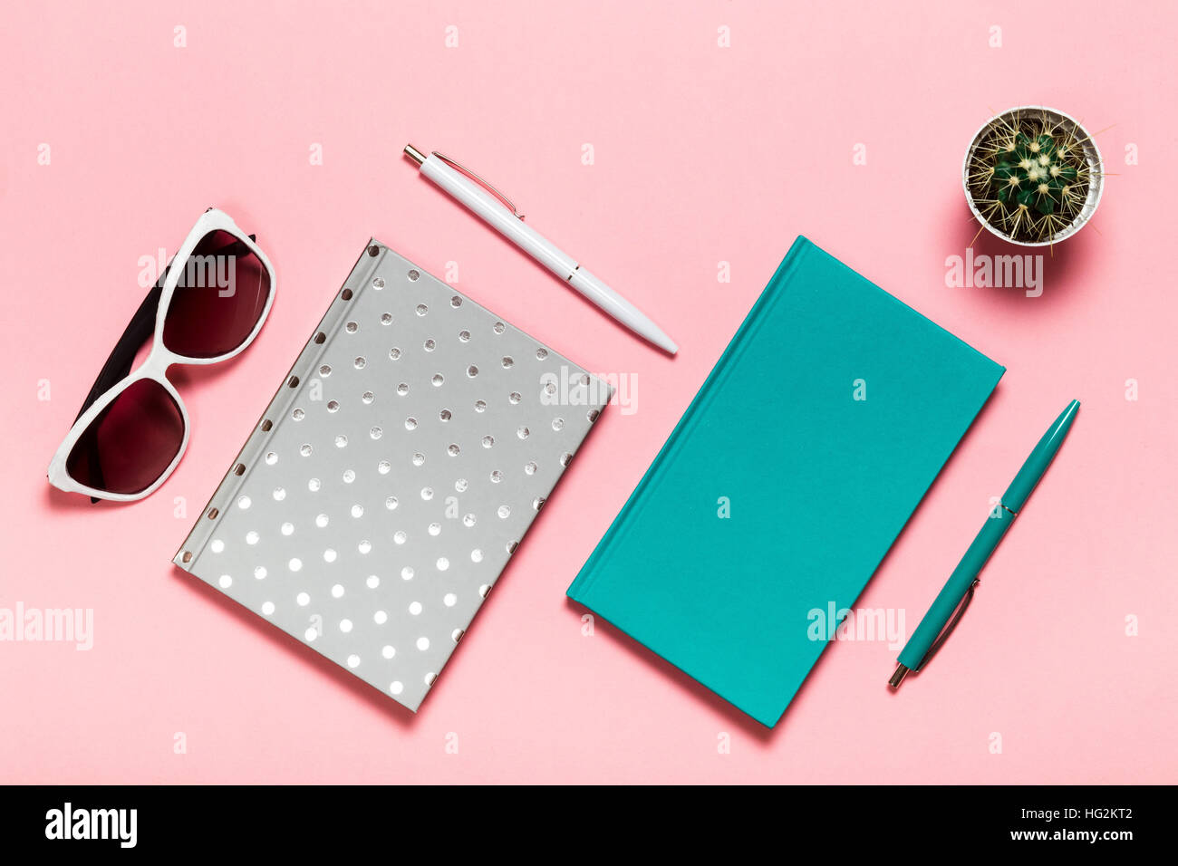 Weiß und grün-blauen Stift, Brille, silbrig Notebook, Aquamarin Tagebuch, Kaktus auf rosa Hintergrund. flach legen, Top Aussicht. Stockfoto