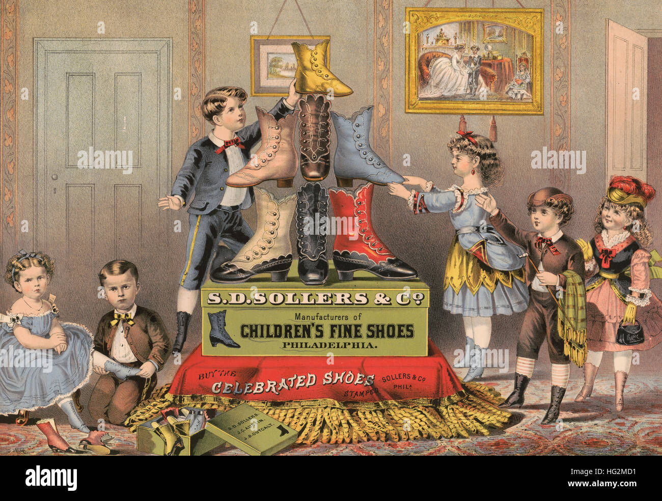 S.d. Sollers & Co. Hersteller von feinen Kinderschuhe, Philadelphia.  Werbung für Schuhe, die modisch gekleidete Kinder neben Schuh Display zeigt.  1874 Stockfoto