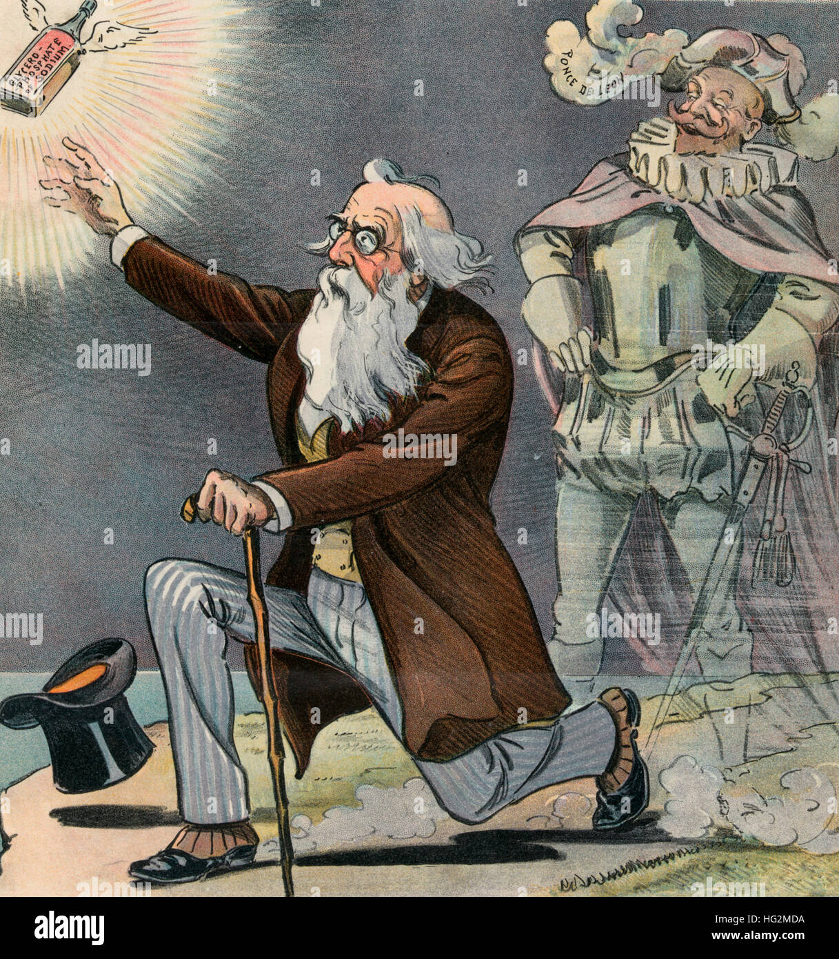 Jungbrunnen - die endlose Suche - Abbildung zeigt einen alten Mann für eine Flasche "Glycero-Phosphat Natrium" zu erreichen, eine Patent-Medizin, die scheinbar Jugendlichkeit, stellt ältere Personen. Der Geist von Juan Ponce de León steht im Hintergrund lachen. Stockfoto
