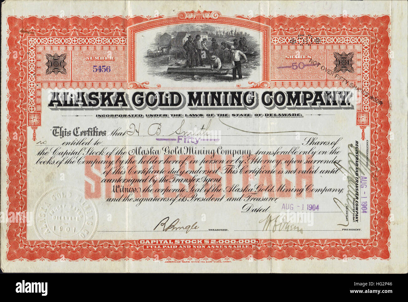 Aktienzertifikat 1904 Alaska Gold Mining Company - USA Stockfoto