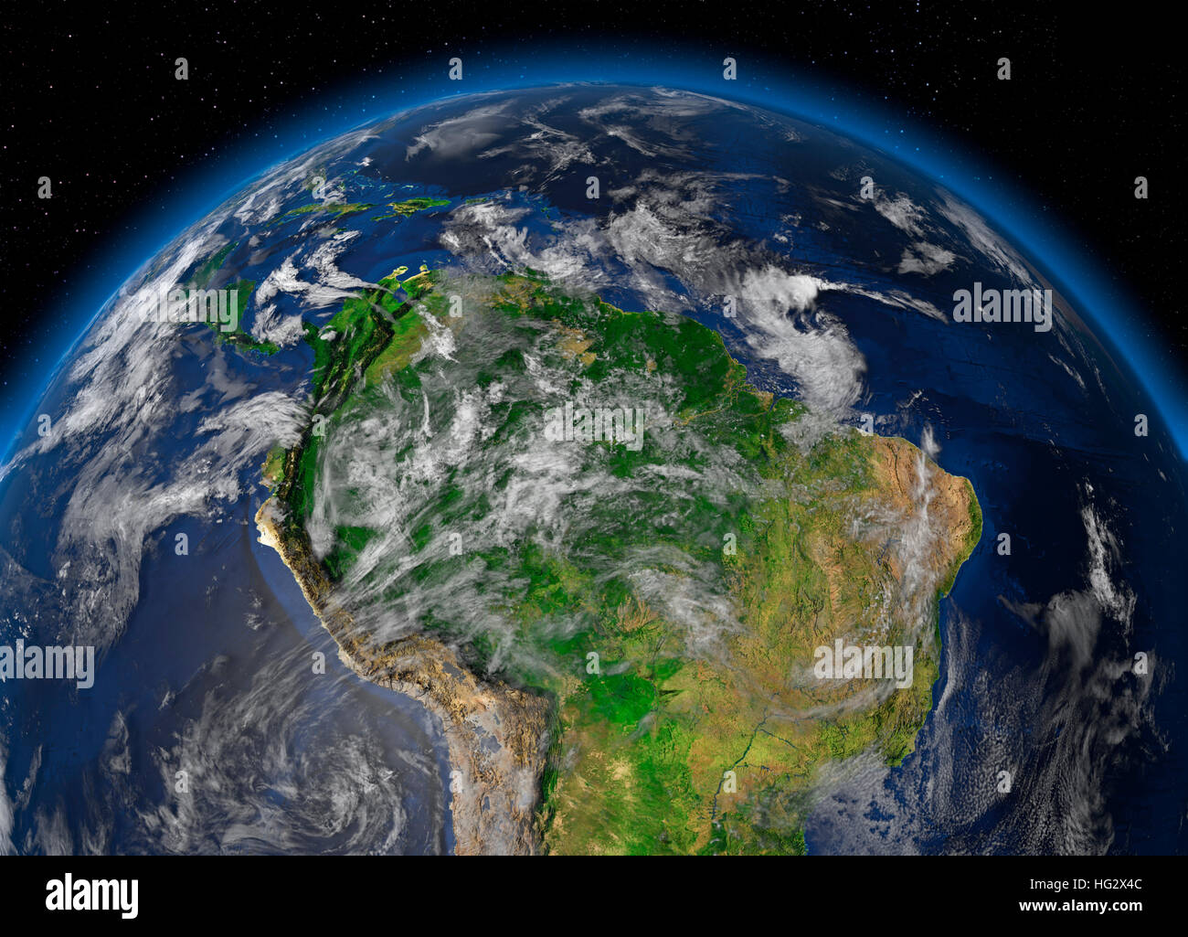 Erde aus dem Weltraum mit Amazonas-Regenwald angesehen. Realistische digitale Illustration einschließlich Reliefkarte Hügel Schattierung des Geländes. Bitte Kredit Nasa. Stockfoto
