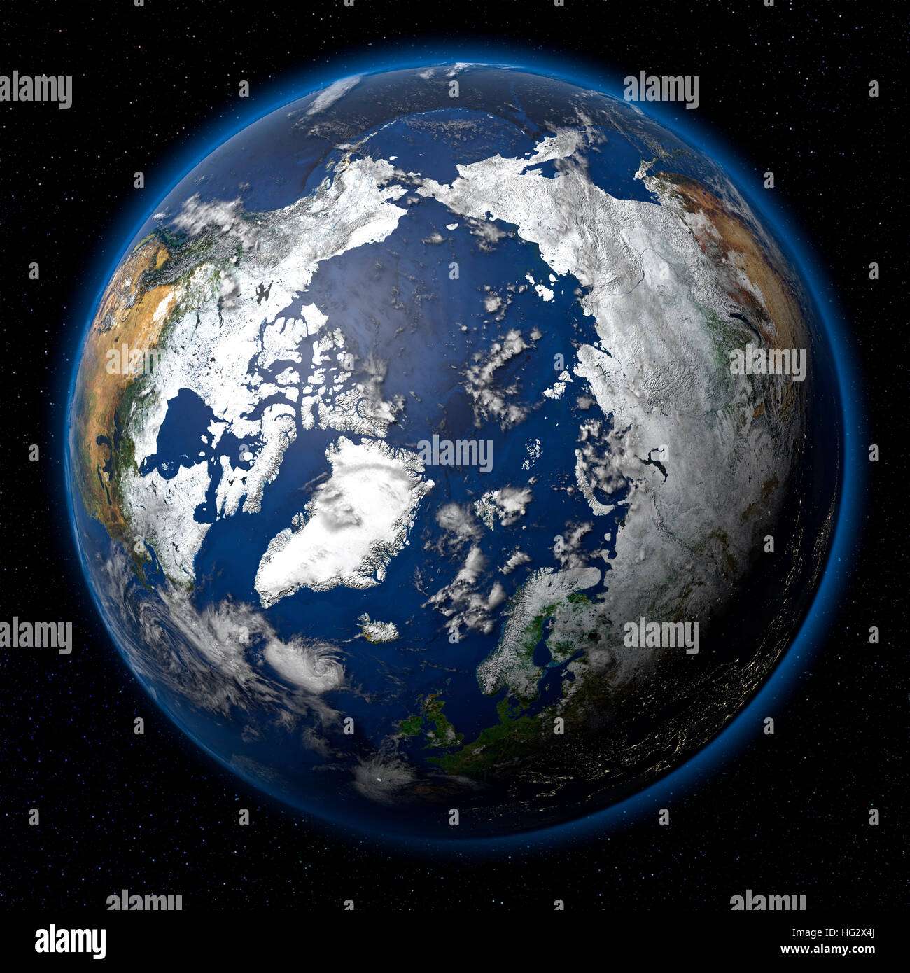 Erde aus dem Weltraum zeigt der Arktis angesehen. Realistische digitale Illustration einschließlich Reliefkarte Hügel Schattierung des Geländes. Bitte Kredit Nasa. Stockfoto