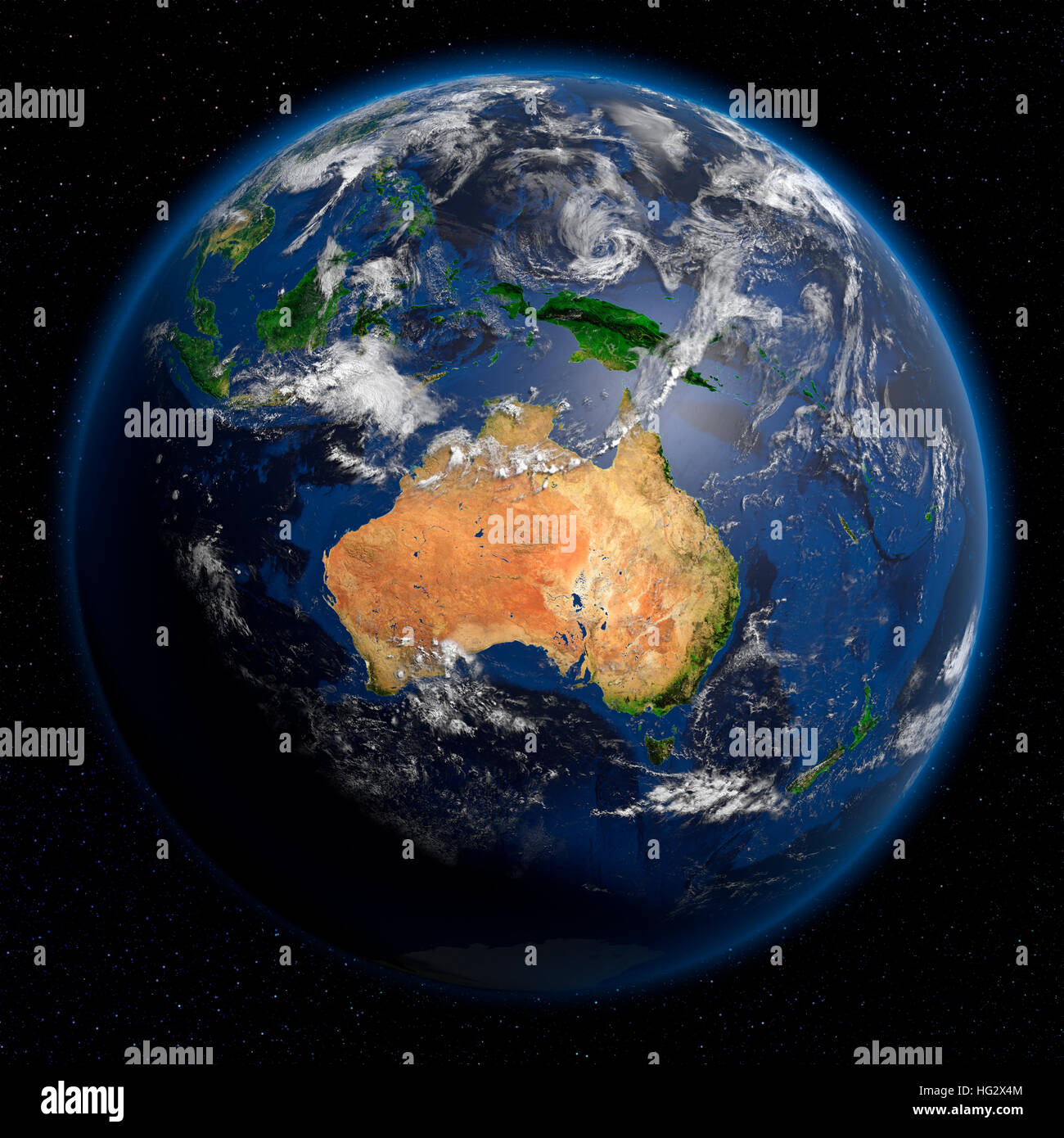 Erde aus dem Weltraum mit Süd-Ost Asien angesehen. Realistische digitale Illustration einschließlich Reliefkarte Hügel Schattierung des Geländes. Bitte Kredit Nasa. Stockfoto