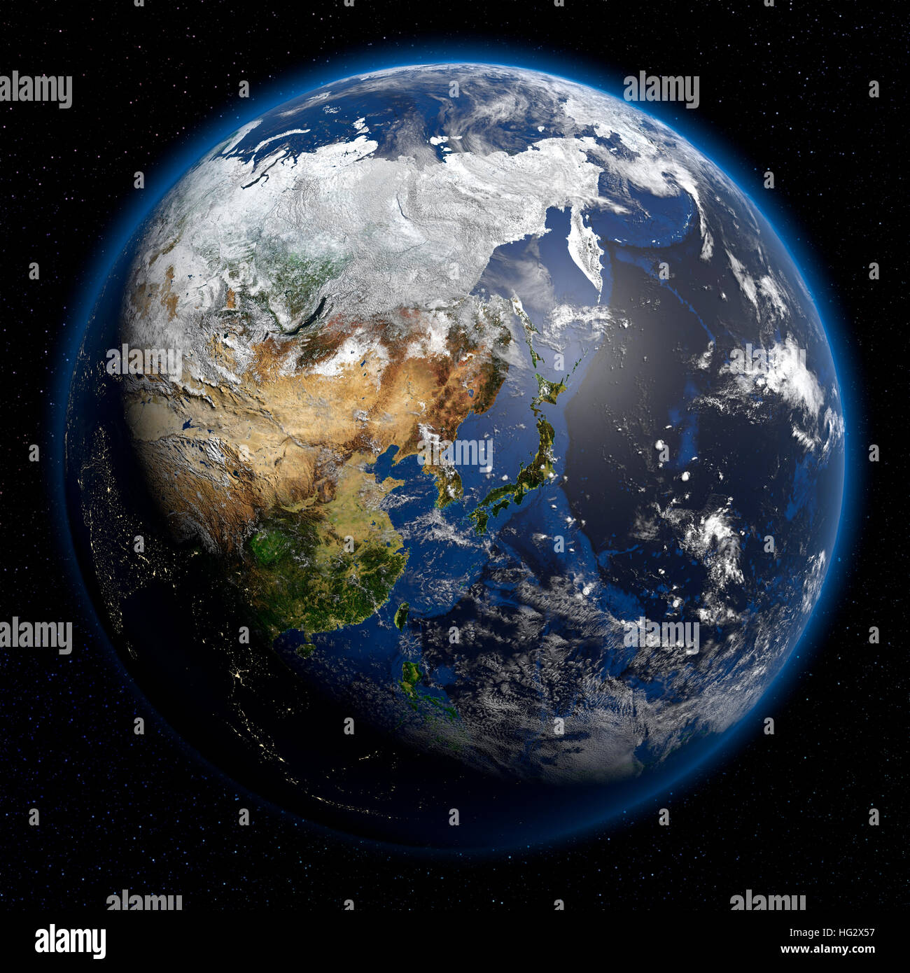 Erde aus dem Weltraum mit Ostasien und Japan angesehen. Realistische digitale Illustration einschließlich Reliefkarte Hügel Schattierung des Geländes. Bitte Kredit Nasa. Stockfoto