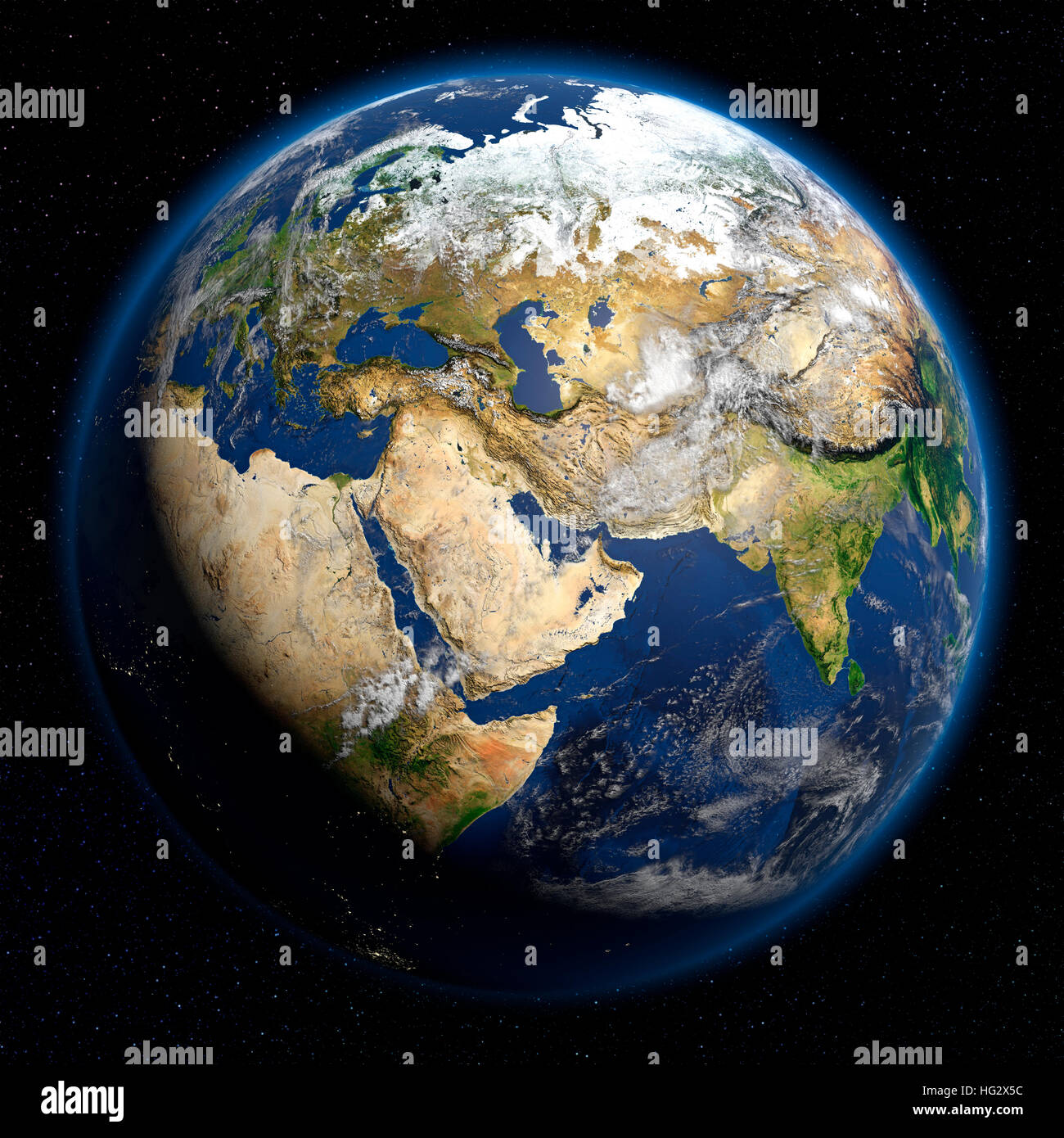 Erde aus dem Weltraum zeigen Nahen Osten angesehen. Realistische digitale Illustration einschließlich Reliefkarte Hügel Schattierung des Geländes. Bitte Kredit Nasa. Stockfoto