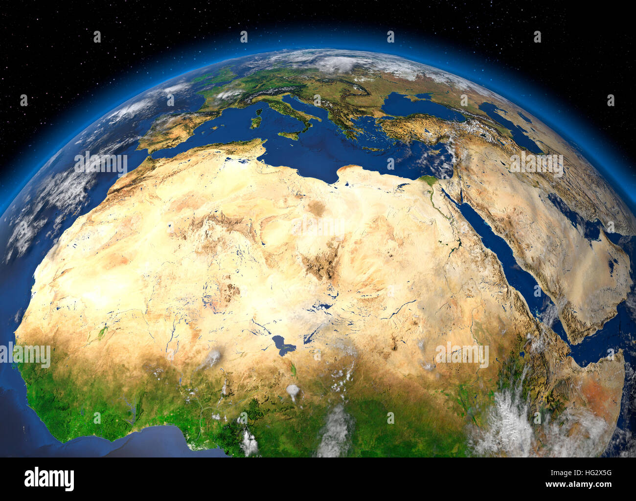 Erde aus dem Weltraum zeigt die Wüste Sahara und Nordafrika angesehen. Realistische digitale Illustration einschließlich Reliefkarte Hügel Schattierung des Geländes. Klagegründe Stockfoto