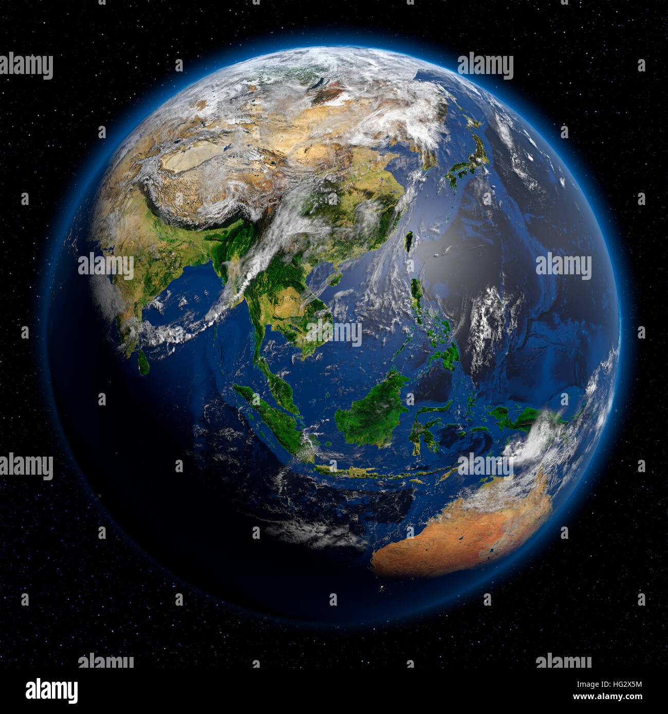 Erde aus dem Weltraum mit Süd-Ost Asien angesehen. Realistische digitale Illustration einschließlich Reliefkarte Hügel Schattierung des Geländes. Bitte Kredit Nasa. Stockfoto