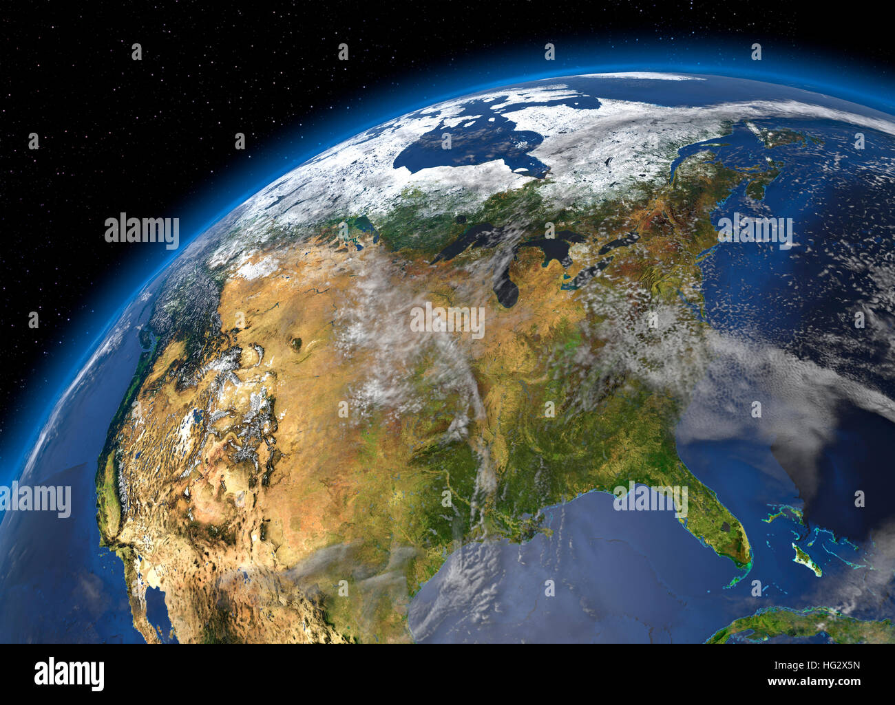 Erde aus dem Weltraum mit den Vereinigten Staaten angesehen. Realistische digitale Illustration einschließlich Reliefkarte Hügel Schattierung des Geländes. Bitte Kredit Nasa. Stockfoto