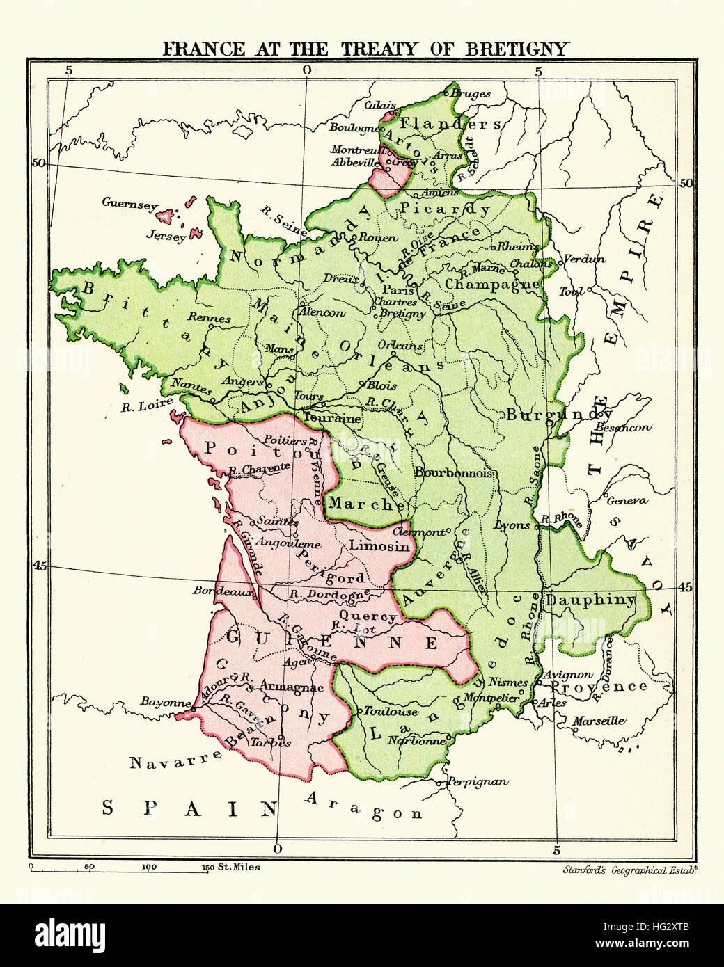Karte von Frankreich im Vertrag von Bretigny. Am 24 Oktober 1360 zwischen König Edward III. von England und König Johann II. von Frankreich ratifiziert. Es gilt als hav Stockfoto