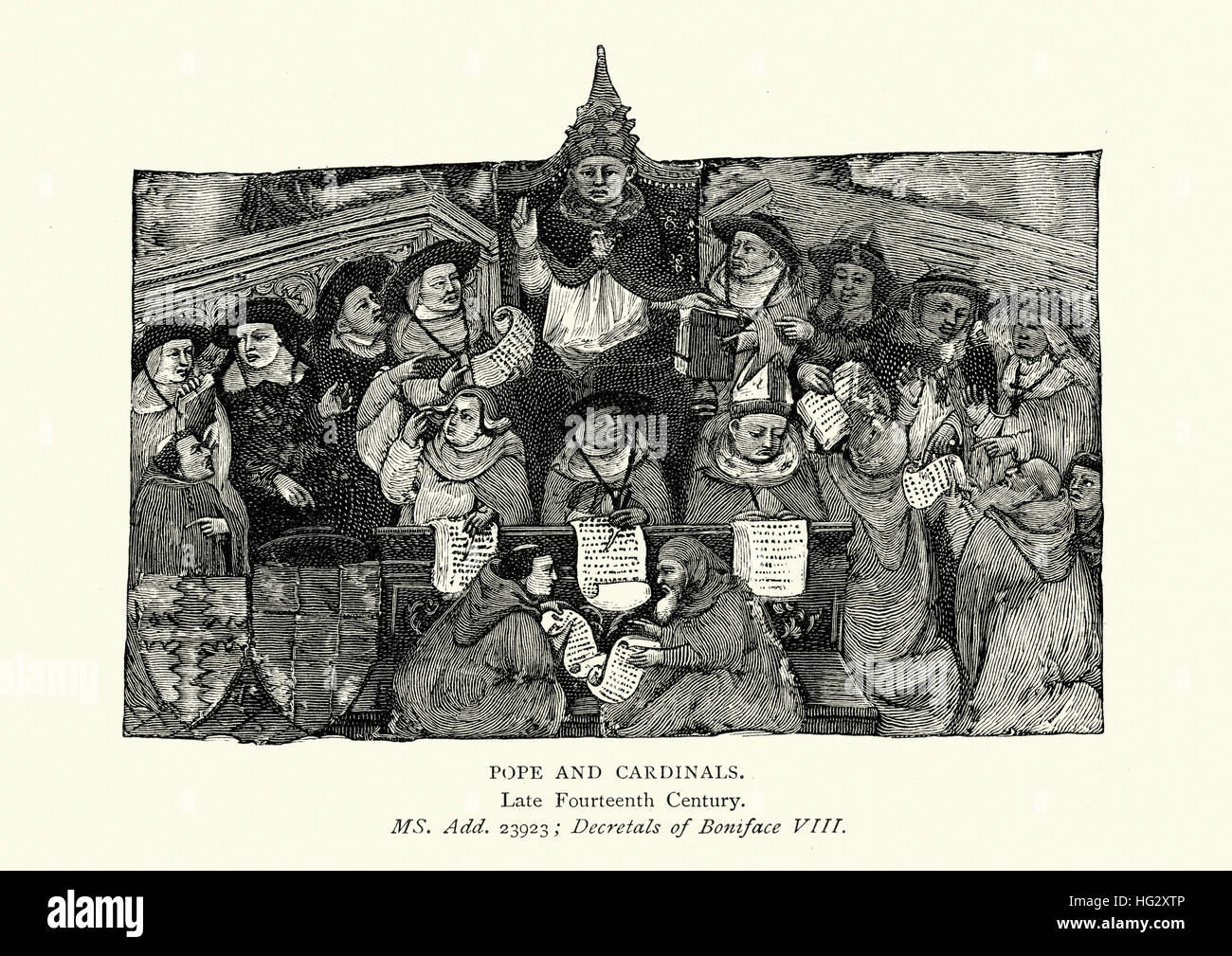 Papst und Kardinäle aus dem späten 14. Jahrhundert Stockfoto