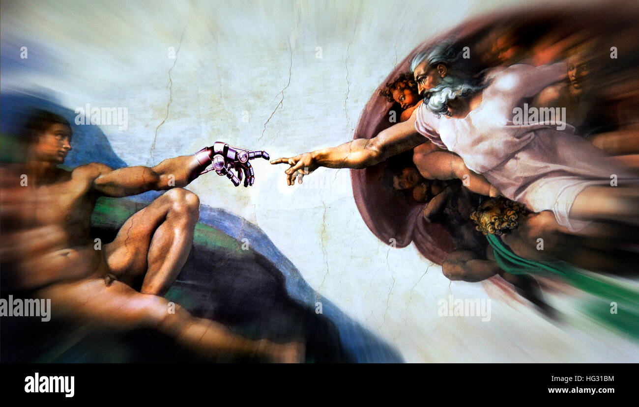 Die Erschaffung Adams, Michelangelo, komponiert mit Roboterhand Stockfoto