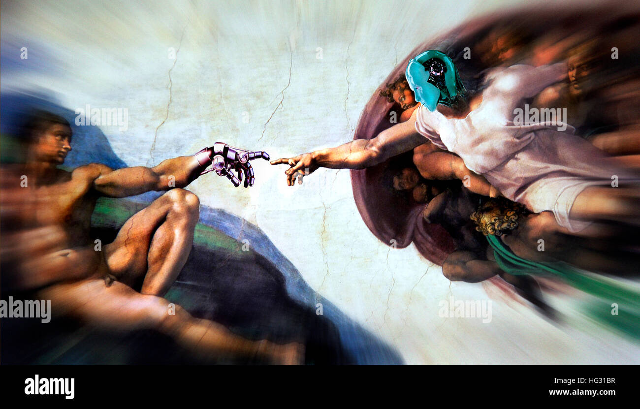 Die Erschaffung Adams, Michelangelo, komponiert mit Roboterhand und Kopf Stockfoto