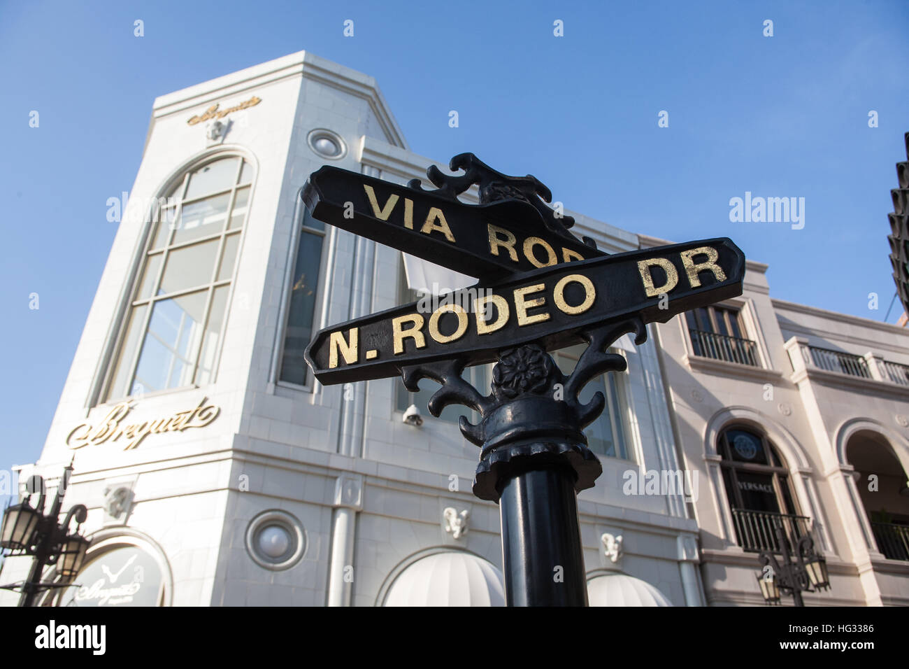 Rodeo Drive, Straße, Zeichen, in Beverly Hills, Los Angeles, Kalifornien, USA L.A., Kalifornien, USA, Vereinigte Staaten von Amerika, Palme, exklusive, Stockfoto