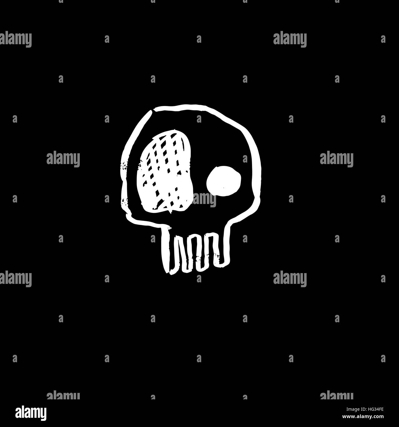 Hand gezeichnete Skizze Schädel. Cartoon-Schädel-Abbildung. Grunge-Schädel auf schwarzem Hintergrund. Stock Vektor