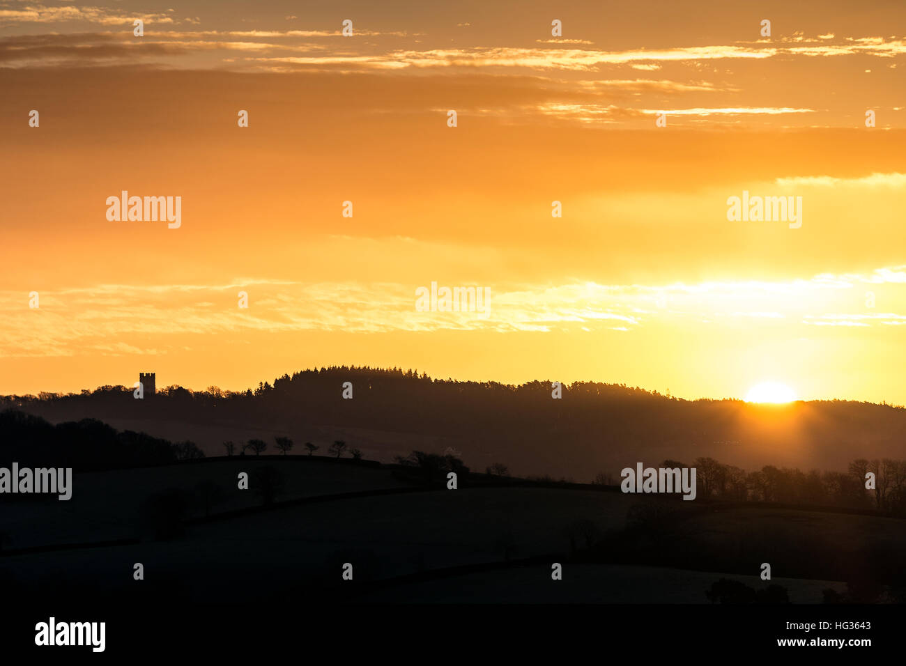Sonnenaufgang am Haldon, Devon, Lawrence, Turm, Ansicht, Wahrzeichen, Schloss, Belvadere, England, Architektur, Himmel, Denkmal, Punkt, turre Stockfoto