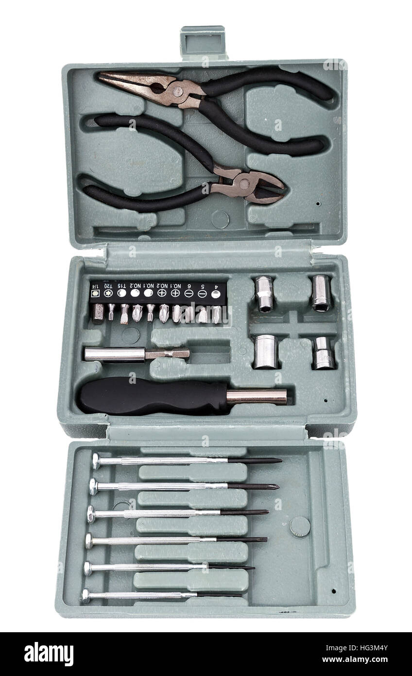 setzen Sie das Werkzeug in einer kompakten Box. eine Reihe von Tools für Haus und Auto Stockfoto