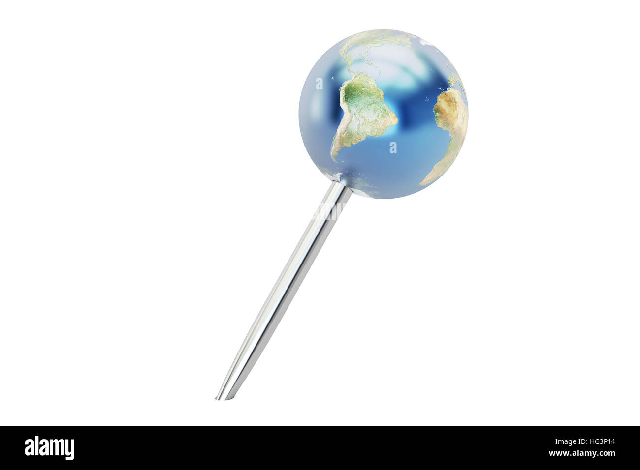 Reißzwecke mit Globe, 3D-Rendering isolierten auf weißen Hintergrund Stockfoto